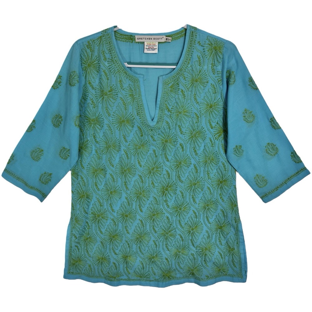 Gretchen Scott Embroidered Tunic Size M Blue‎ Green Boho Relaxed Resort Tropical